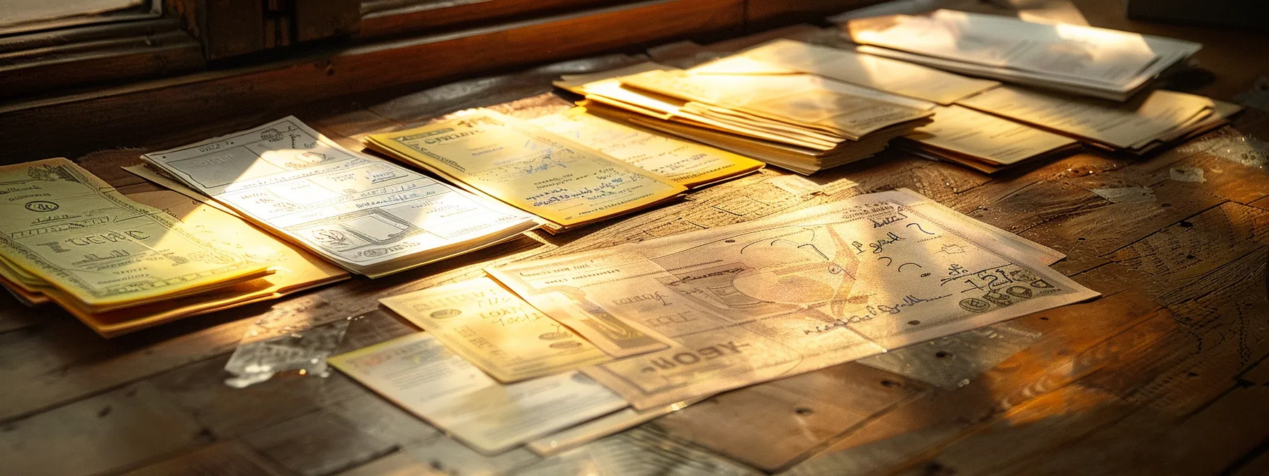 a beautifully designed collection of personal and business cheques is elegantly arranged on a polished wooden surface, showcasing distinct styles and colors that highlight their unique purposes and recipient preferences, illuminated by soft, natural light for a professional yet inviting atmosphere.