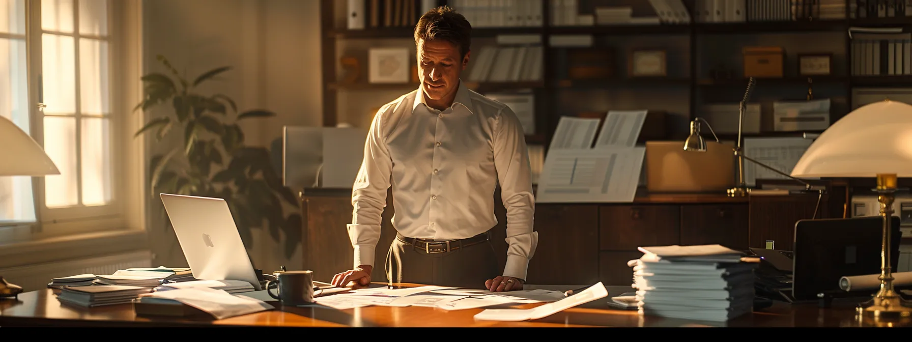 a business professional stands in a well-lit office, intently analyzing a stack of incorrect cheques laid out on a polished wooden desk, with a laptop and a notepad in the background reflecting a sense of urgency and decision-making.