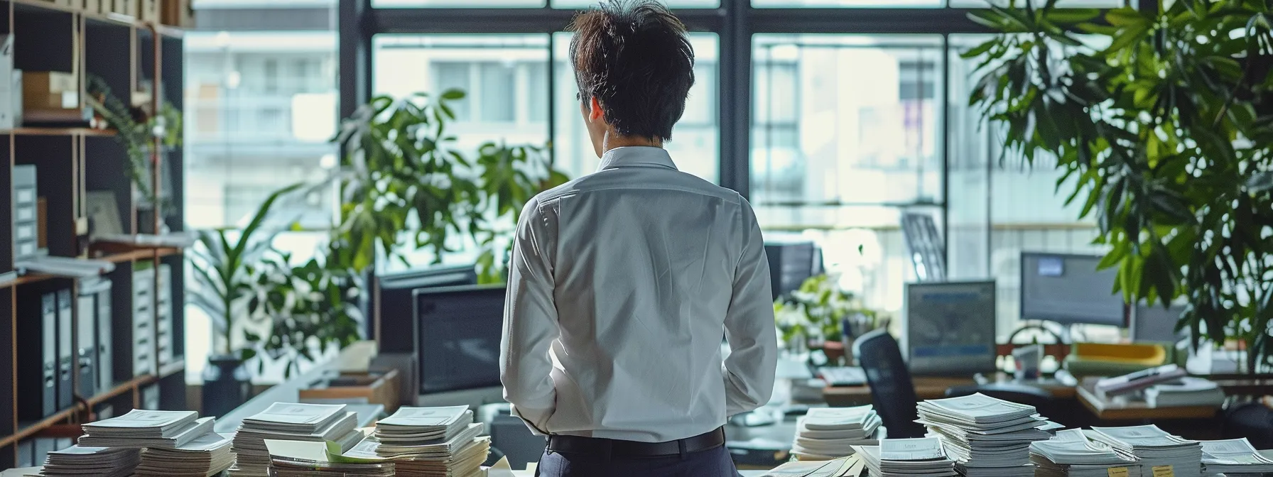 a business professional stands thoughtfully in a well-lit office, surrounded by an array of mismatched cheques, deep in contemplation about the next steps to rectify the order error.