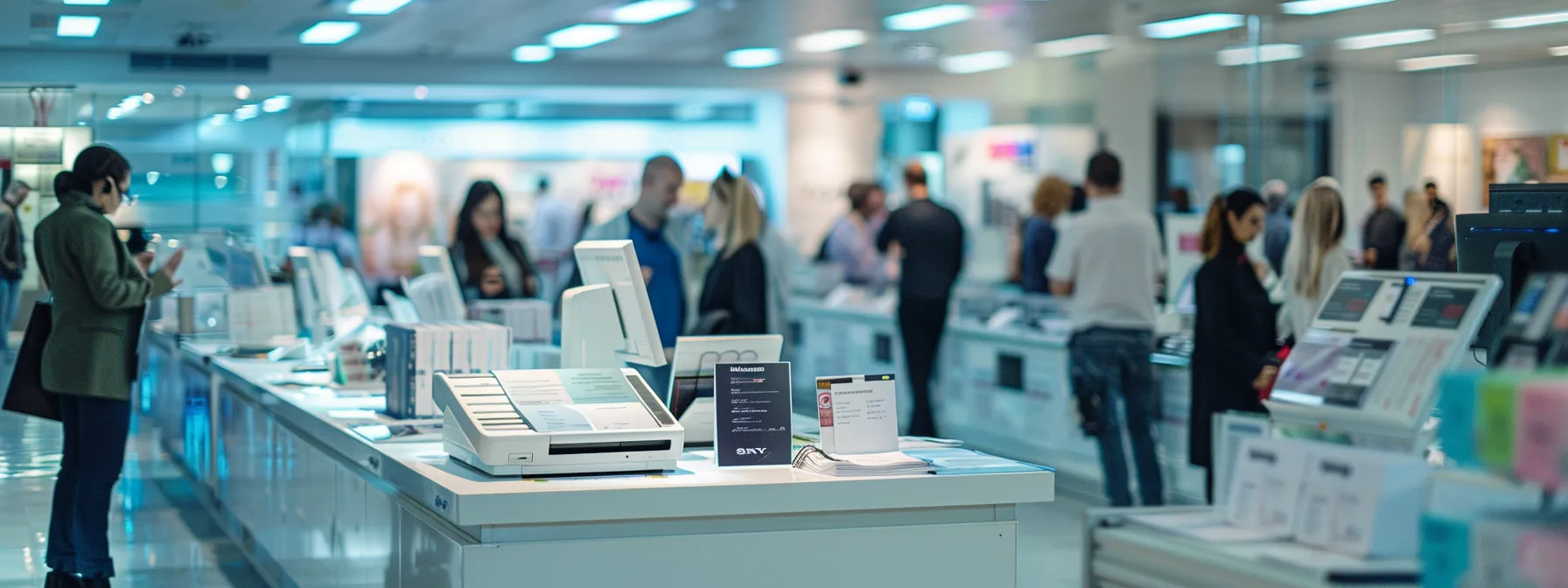 a bustling office environment filled with vibrant business professionals engaged in discussions about selecting the ideal cheque printing service, showcasing a large, neatly organized display of various cheque samples and brochures under bright, natural lighting.