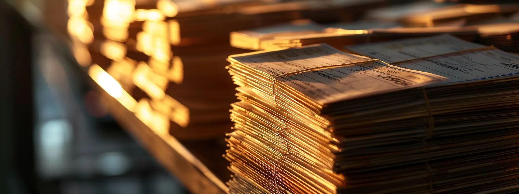 a close-up of neatly stacked business and personal cheques with an expedited shipping label prominently displayed, all illuminated by soft, natural lighting to evoke a sense of urgency and professionalism.