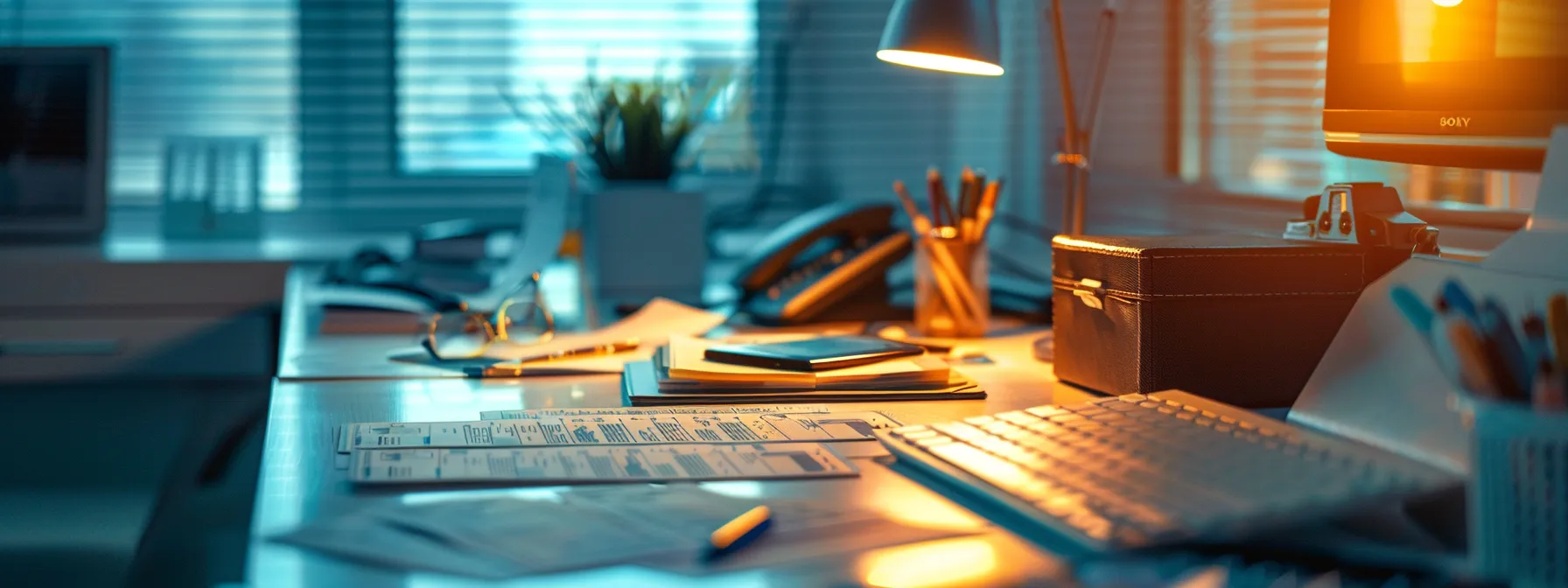 a close-up view of a meticulously organized office desk featuring business and personal cheques alongside modern security technology, illuminated by soft morning light to evoke a sense of vigilance and financial integrity.