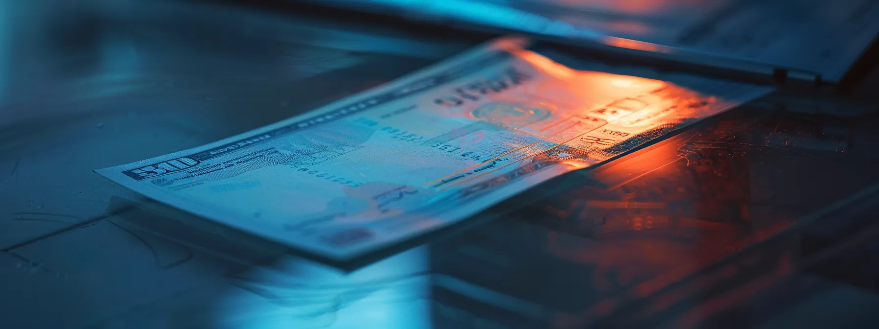 a close-up shot of a glowing money order alongside a visibly secure cheque, both placed on a reflective surface, illuminated by soft, focused lighting to emphasize their intricate security features and evoke a sense of financial safety.