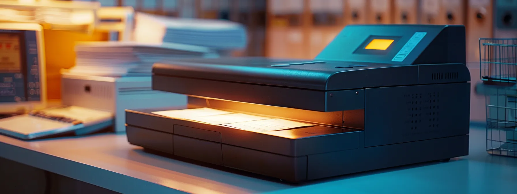 a close-up shot of a secure cheque printing machine in a well-lit office, showcasing its advanced technology and high-security features, set against a backdrop of organized cheque storage to emphasize protection against fraud and financial crime.