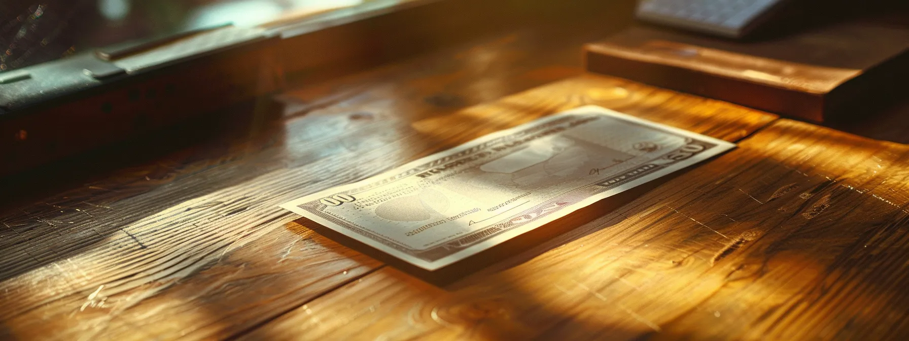 a close-up view of a gleaming cashier's cheque resting on a polished wooden desk, illuminated by soft natural light, exuding an air of security and trust in a professional business environment.