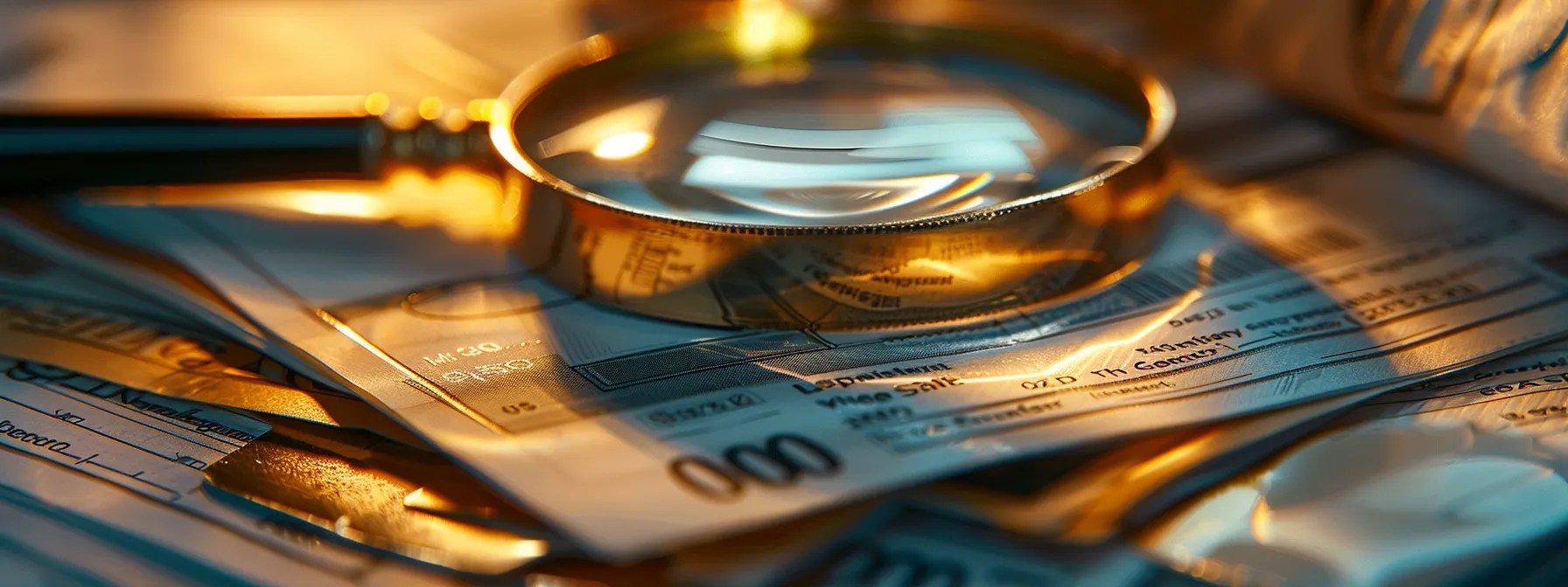 a close-up shot of a glossy, organized stack of business and personal cheques, illuminated by soft, diffused lighting, showcasing the intricate details of their design while emphasizing a magnifying glass hovering over hidden fees printed in fine print.