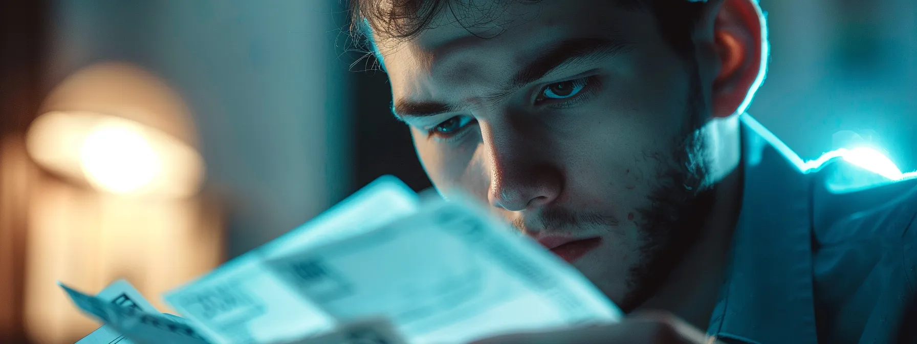 a close-up of a professional-looking individual scrutinizing a stack of cheques under soft, focused lighting, with visible anxiety etched on their face, symbolizing the tension and complexity of confirming payment statuses in financial transactions.