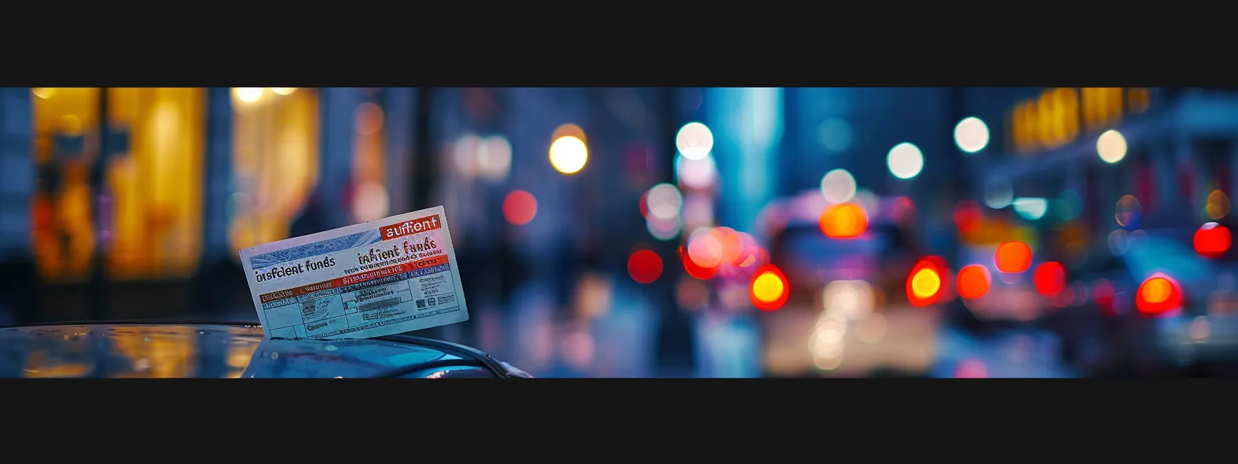 a close-up shot of a rejected cheque prominently displaying a bold "insufficient funds" stamp, set against a blurred backdrop of a bustling financial district, illuminated by soft, ambient lighting to evoke a sense of urgency and concern.