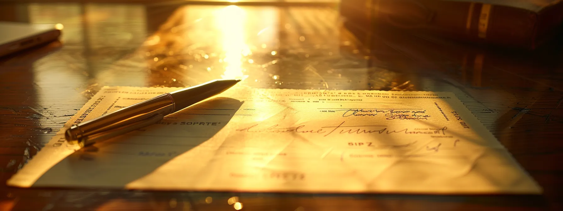 a close-up shot of a signed cheque resting on a polished wooden desk, illuminated by soft, warm light, emphasizing its vulnerability while surrounded by shadowy silhouettes representing potential fraud and financial loss.