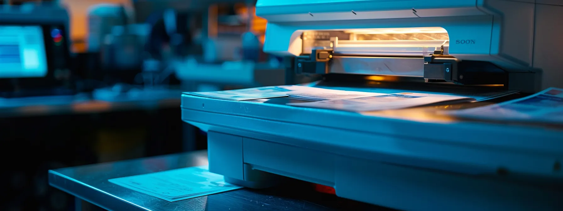 a close-up shot of a professional, secure cheque printing setup, showcasing the intricate details of a high-security printer with holographic features, illuminated by soft workshop lights, symbolizing the contrast between traditional and advanced security measures in cheque production.