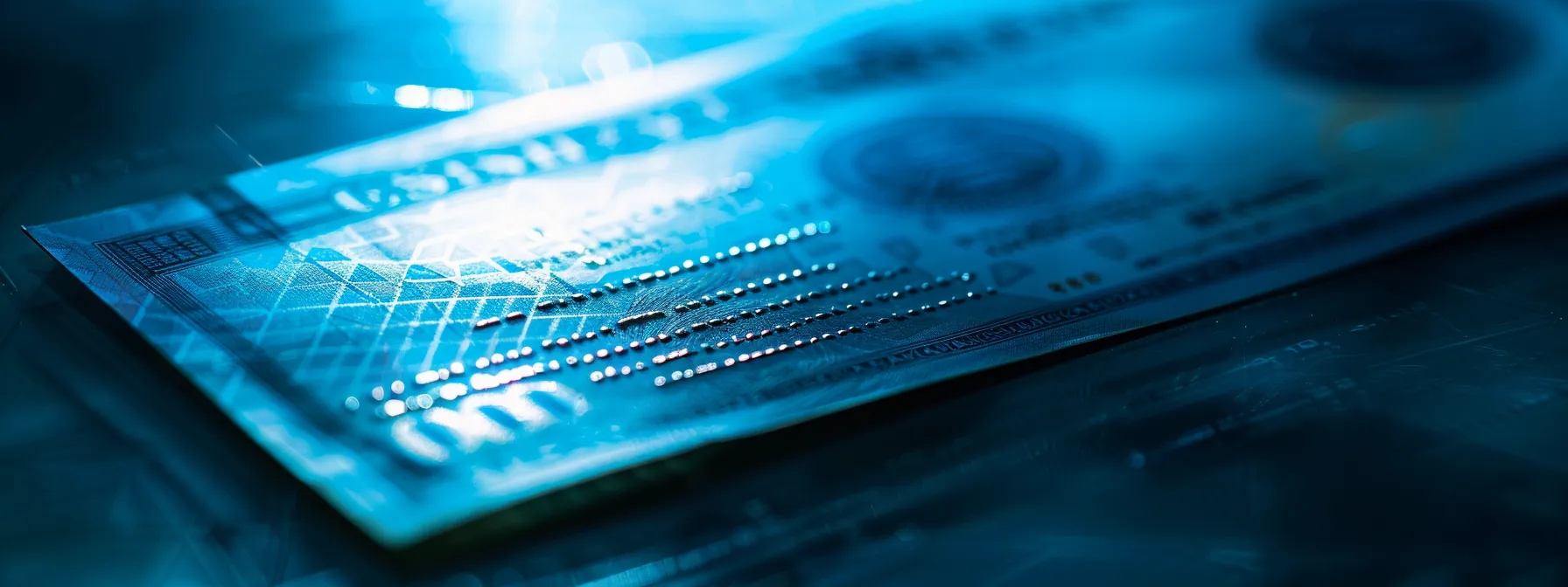 a close-up view of a secure business cheque against a dark, polished surface, illuminated by soft, focused lighting that highlights intricate watermark details and anti-fraud features, symbolizing vigilance against financial fraud.
