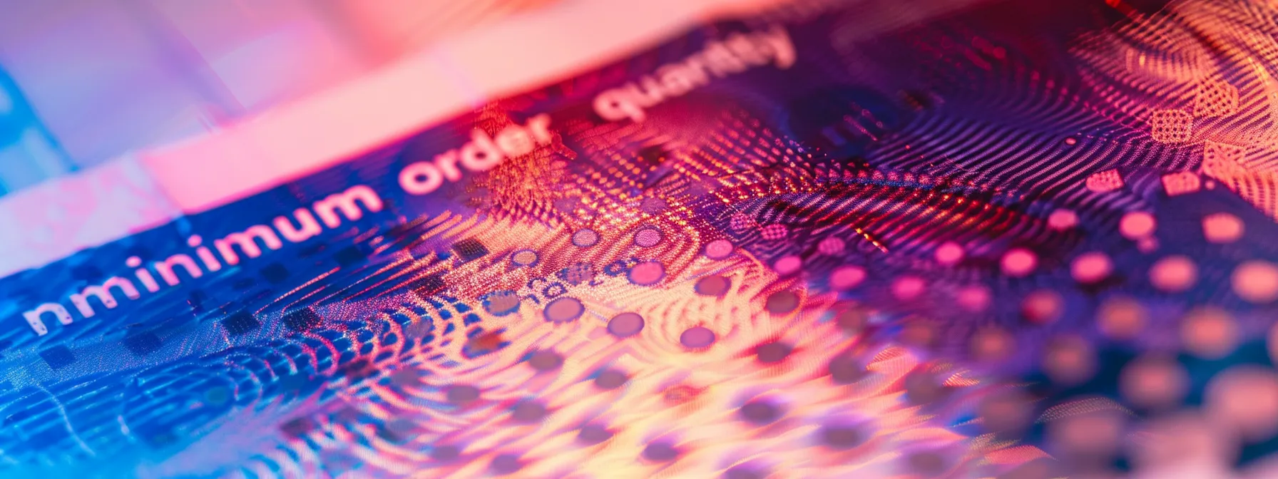 a close-up of an elegant business cheque, beautifully designed with intricate patterns and vibrant colors, prominently showcases the terms "minimum order quantity" and the relationship to cheque costs against a sleek, blurred office background.