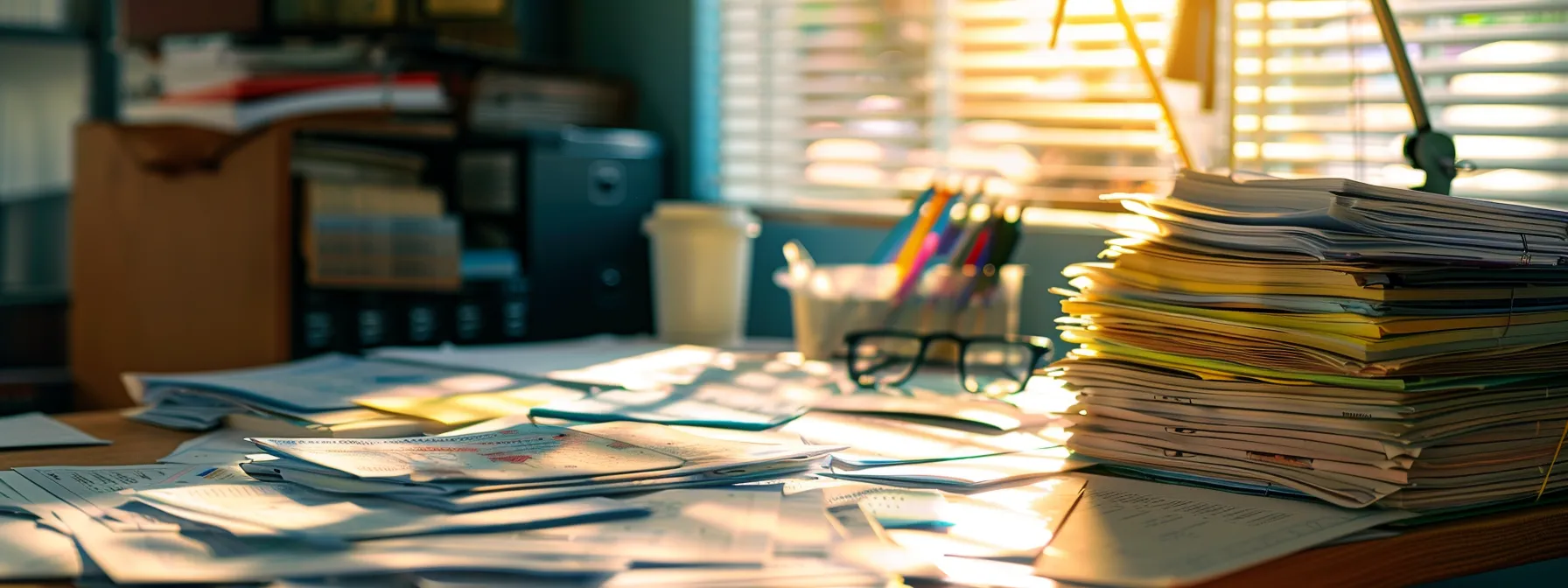 a close-up shot of a neatly organized desk featuring an array of colorful business and personal cheques, illuminated by soft natural light, conveying a sense of order and professionalism.