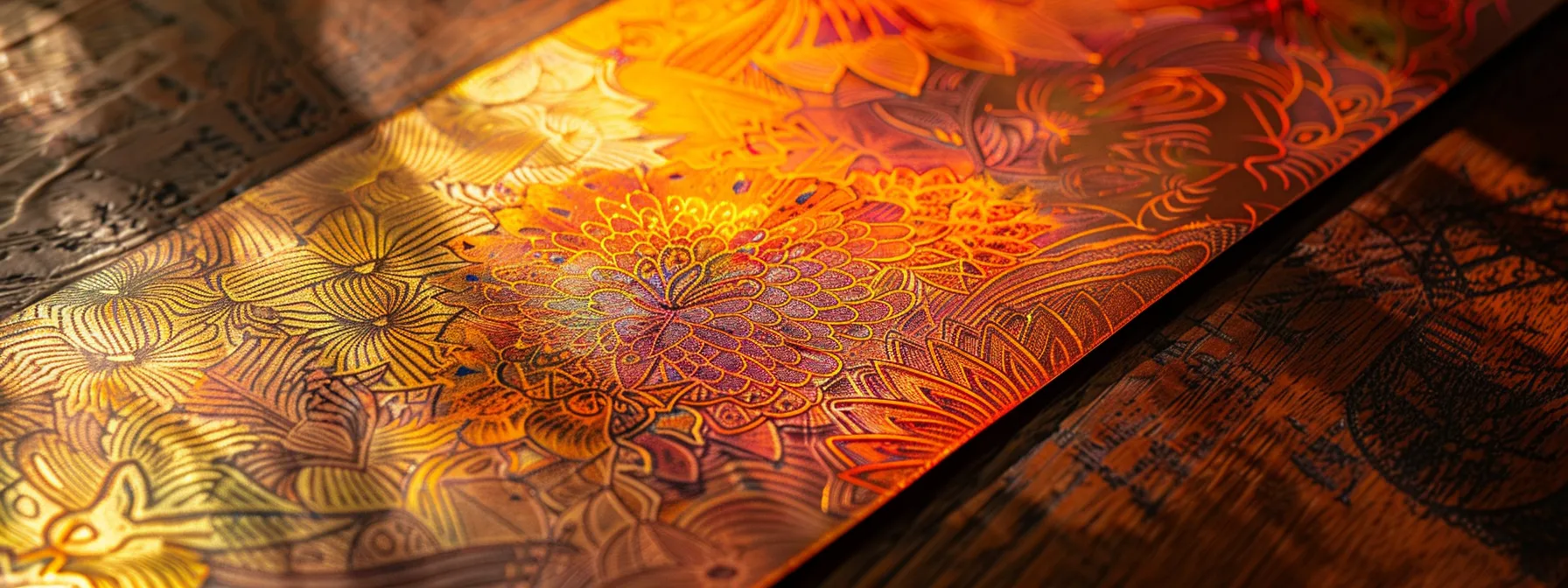 a close-up of a vibrant, custom-designed cheque featuring intricate patterns and colors, elegantly placed on a polished wooden desk, illuminated by soft, warm lighting to highlight its unique design and craftsmanship.