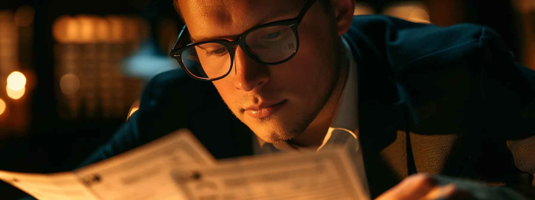 a close-up of a business professional thoughtfully reviewing cheque designs and customer testimonials, illuminated by soft, natural light, emphasizing the importance of trust and clarity in financial choices.