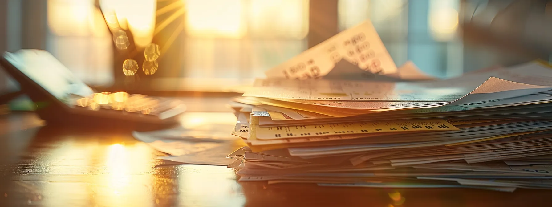 a close-up of a stack of vibrant business and personal cheques resting on a polished wooden desk, illuminated by soft, natural light, with a faint, blurred calculator and financial documents in the background, symbolizing the hidden complexities of banking fees.