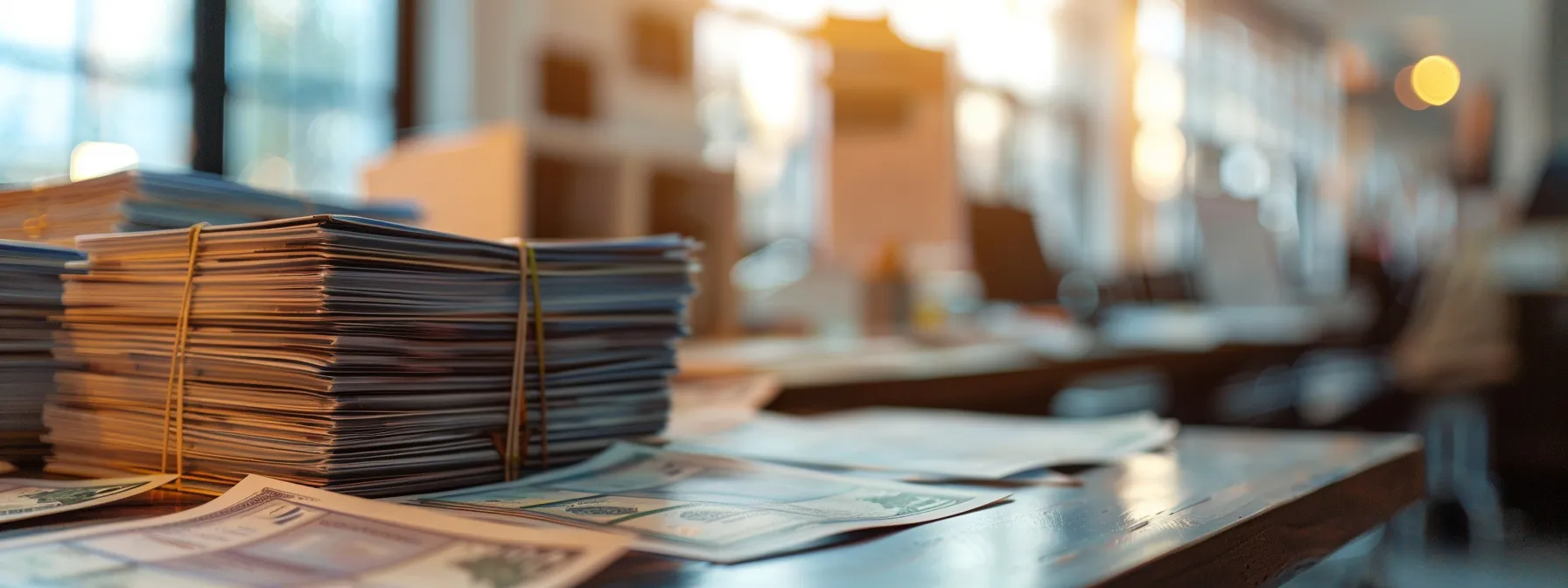 a close-up of a professional workspace featuring organized stacks of various cheques under natural light, emphasizing the security features and procedures for verifying their authenticity, with a blurred background of training materials on best practices.