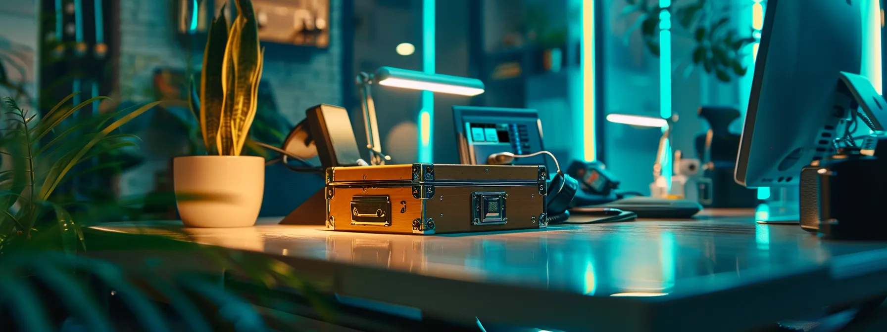a highly detailed close-up of a secure desk setup featuring a professional business environment with a locked box of third-party cheques, surrounded by encryption symbols and verification icons, illuminated by soft, warm lighting to convey a sense of safety and trust.