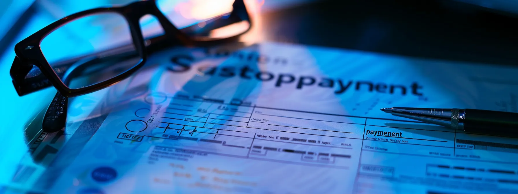 a close-up scene capturing a stack of business and personal cheques with a prominent "stop payment" alert, illuminated by soft, focused lighting to emphasize urgency and financial caution.
