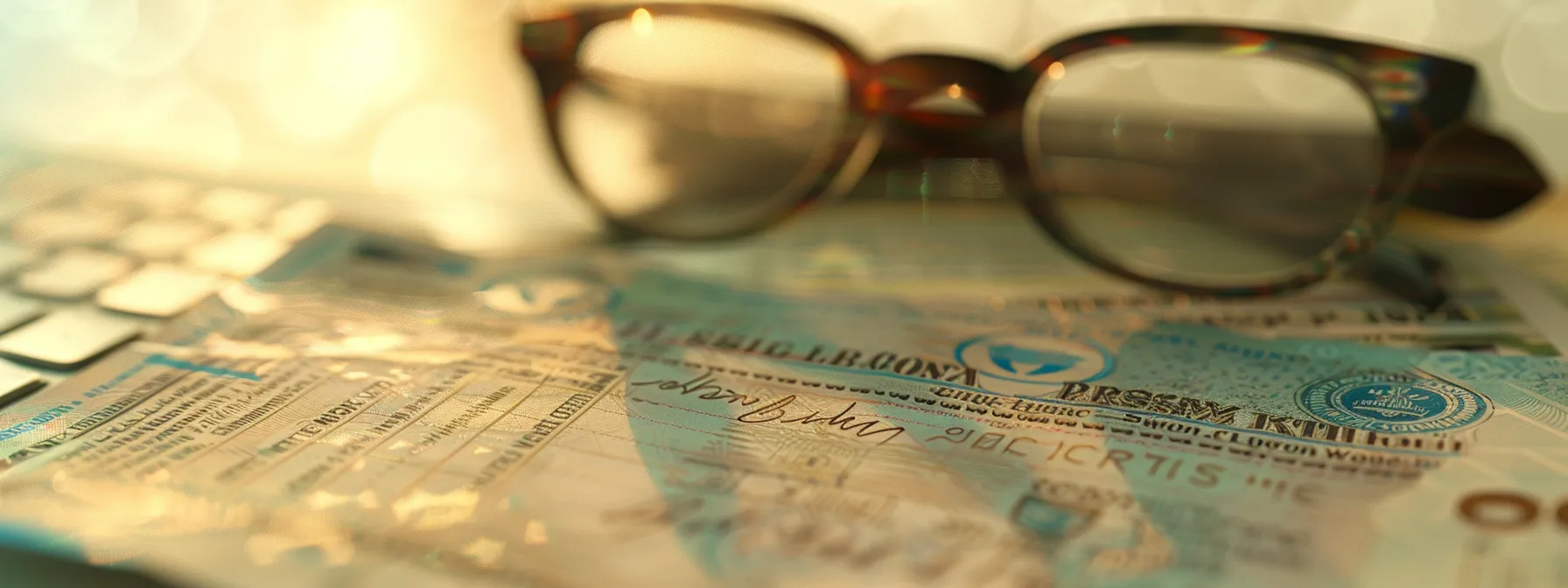 a close-up view of an intricately designed order cheque featuring a prominent watermark, set against a soft-focus background of office essentials that highlight its role as a trusted financial tool.