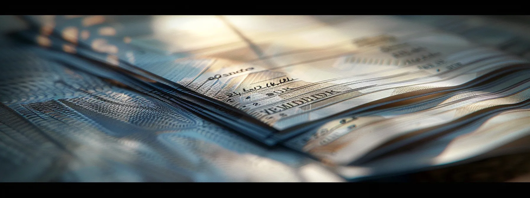 a close-up shot of a stack of elegantly designed personal and business cheques, subtly illuminated by soft natural light, reveals hidden fees printed in fine detail, symbolizing the often-overlooked costs consumers face.