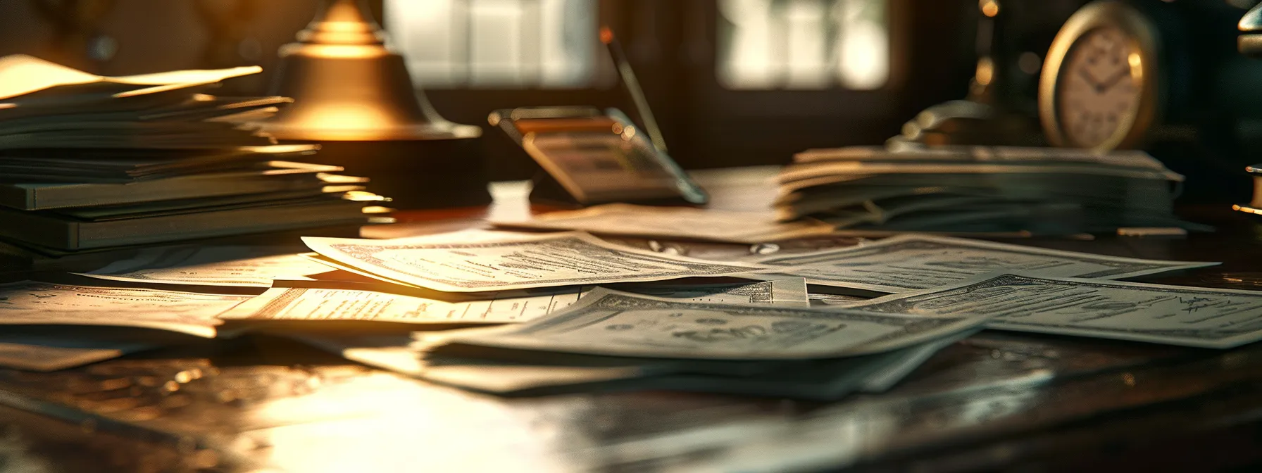 a close-up shot of elegantly designed business and personal cheques displayed on a polished wooden desk, illuminated by soft, natural light, highlighting the intricate patterns and textures that convey their perceived value and significance in financial transactions.
