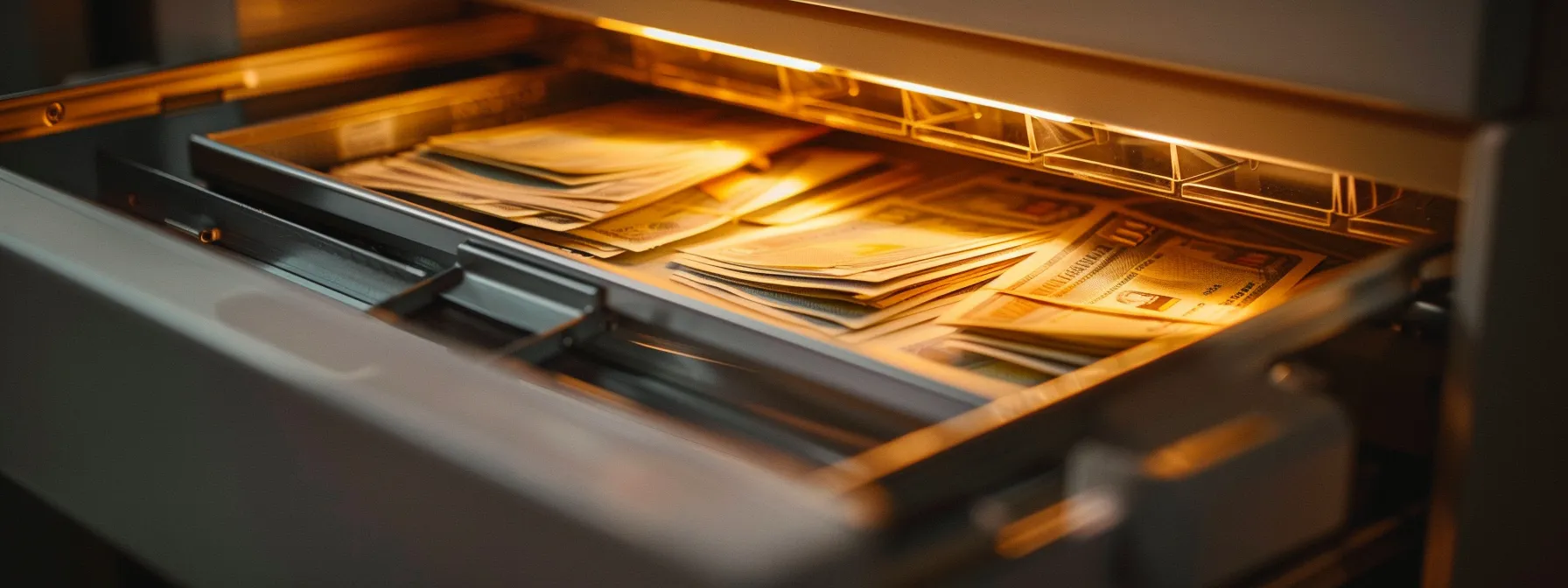 a close-up of a securely locked drawer filled with neatly stacked business and personal cheques, illuminated by soft, warm lighting to evoke a sense of safety and vigilance against fraud.