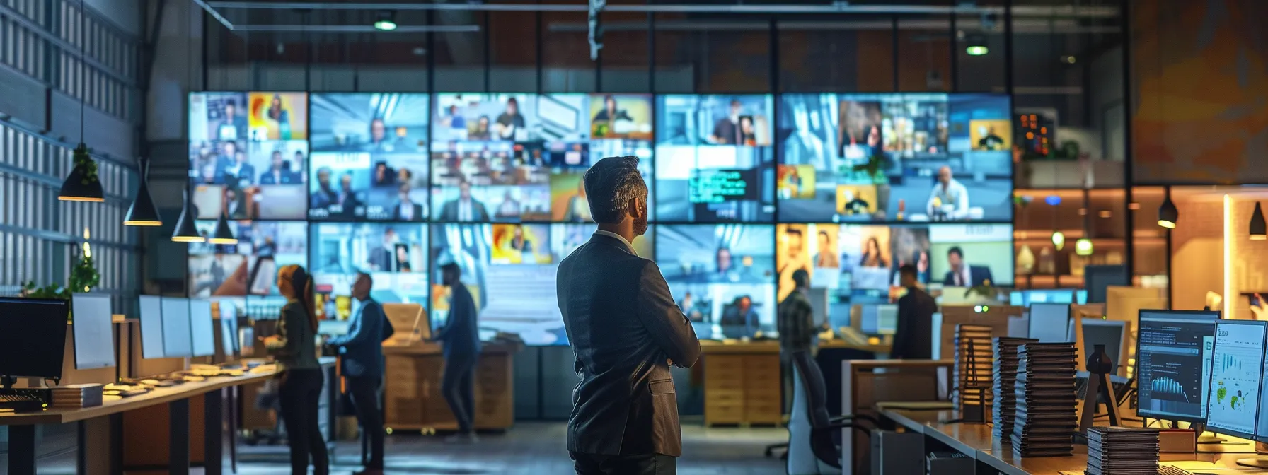 a compelling image of a busy office environment focused on a diverse group of professionals, intently reviewing customer feedback on large screens, surrounded by stacks of cheques, conveying a sense of collaboration and the pursuit of insight to enhance the ordering experience.