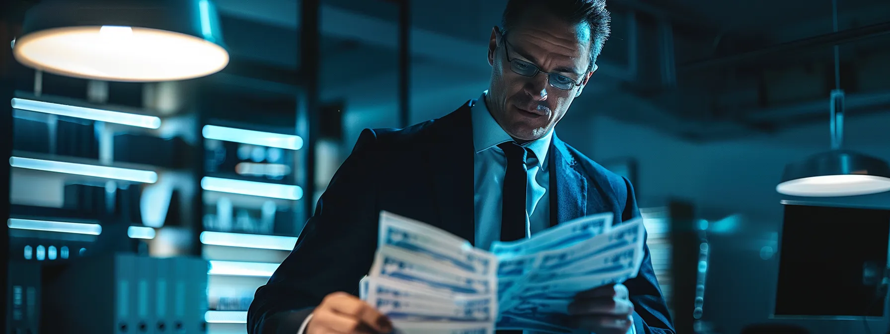 a composed business professional reviews a stack of cheques under soft, focused lighting in a modern office, symbolizing the careful management of financial responsibilities and regulatory compliance.