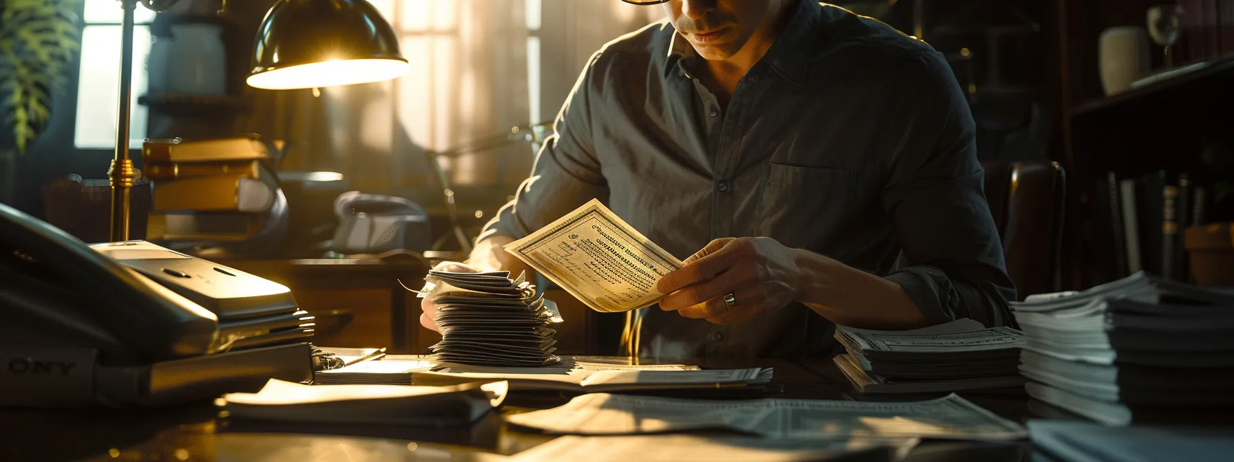 a confident business professional reviews a stack of elegantly designed cheques on a polished desk, illuminated by warm natural light, symbolizing the importance of verification and security in financial transactions.