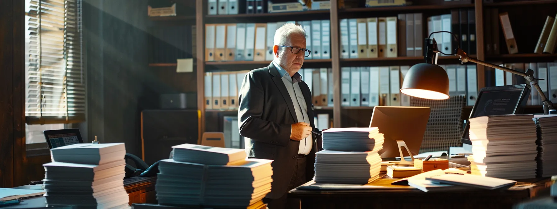 a confident businessperson stands in a sleek office, thoughtfully consulting with a financial advisor over a laptop, surrounded by organized stacks of cheques, symbolizing the importance of seeking expert guidance in navigating financial uncertainties.