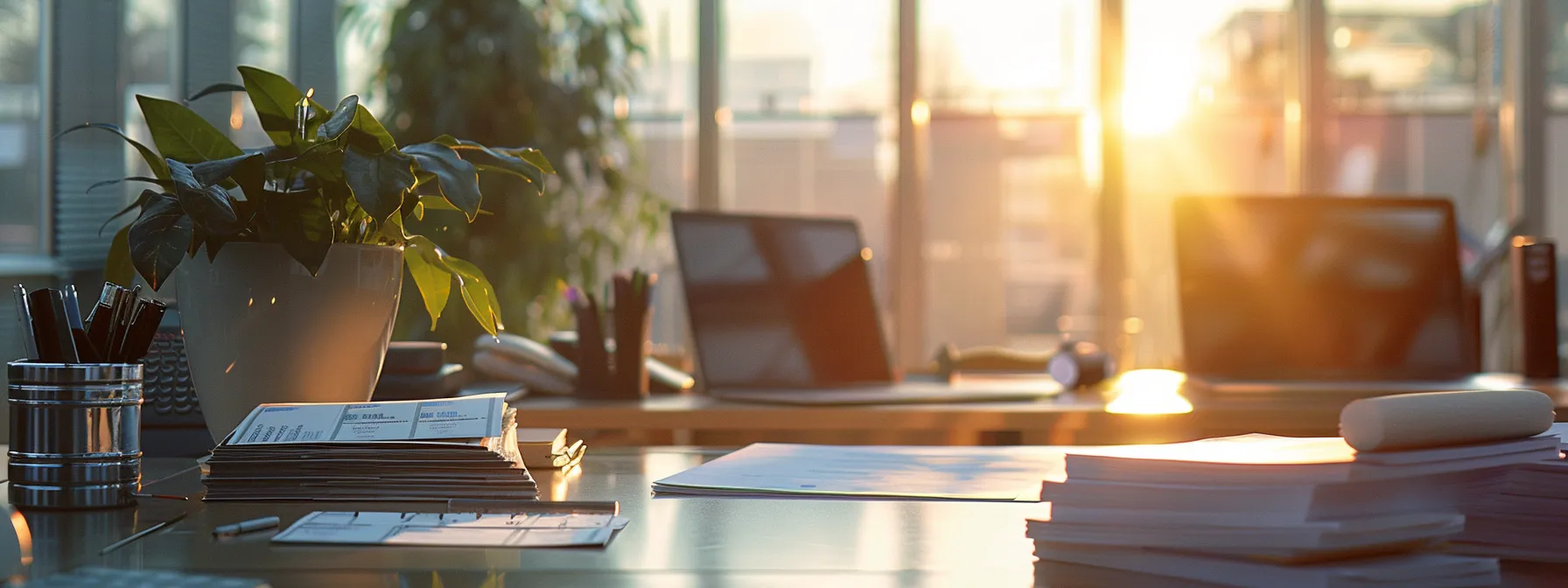 a crisp, organized office desk showcases an array of freshly printed business cheques, symbolizing a seamless transition to a new cheque provider, illuminated by soft natural light streaming through a nearby window.