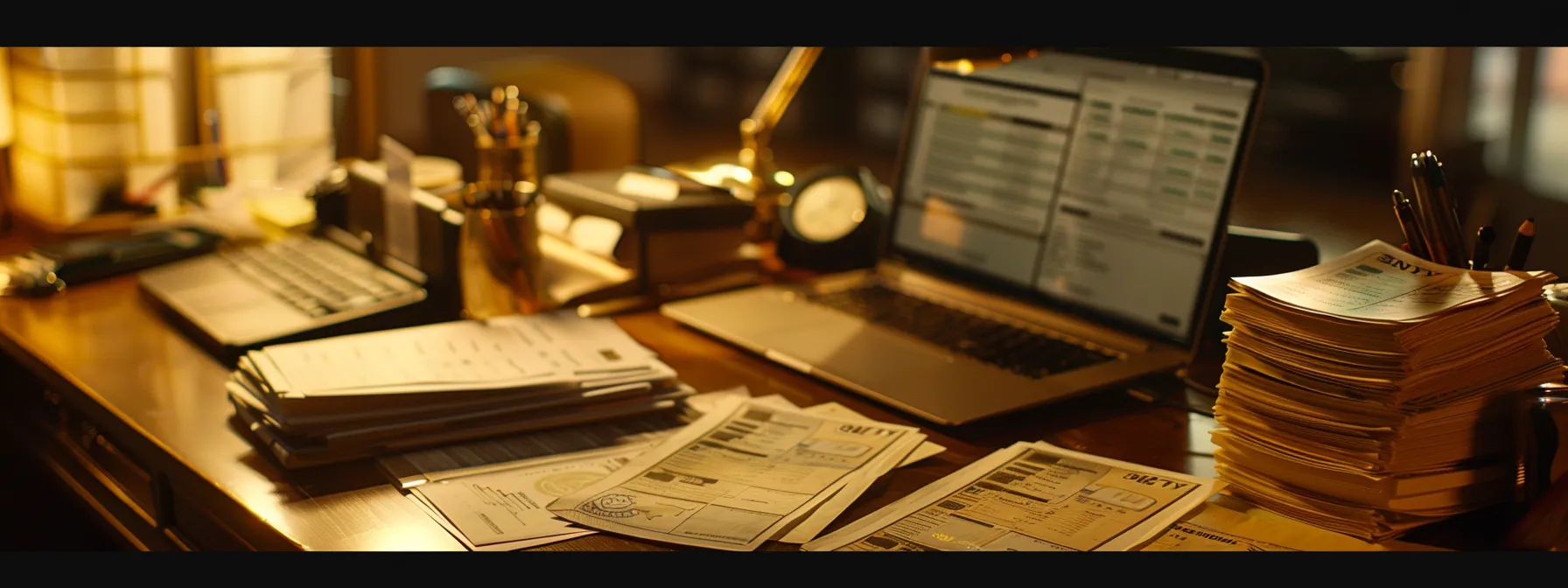 a detailed close-up of a business desk featuring an organized array of neatly stacked personal and manual cheques alongside a sleek tracking tool interface on a laptop screen, illuminated by warm ambient lighting to emphasize efficient financial management.
