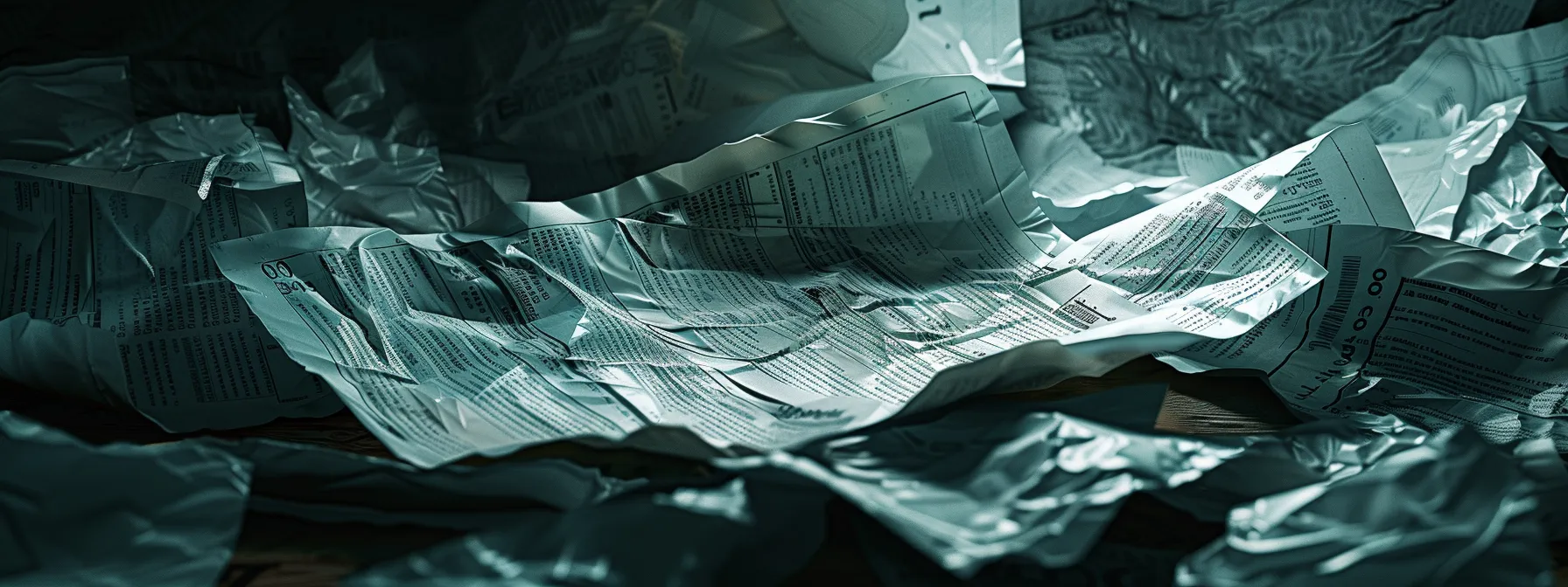 a dramatic close-up of a crumpled, rejected cheque surrounded by ominous legal documents, illuminated by harsh overhead lighting that casts deep shadows, emphasizing the financial turmoil and the gravity of unresolved disputes in a business setting.