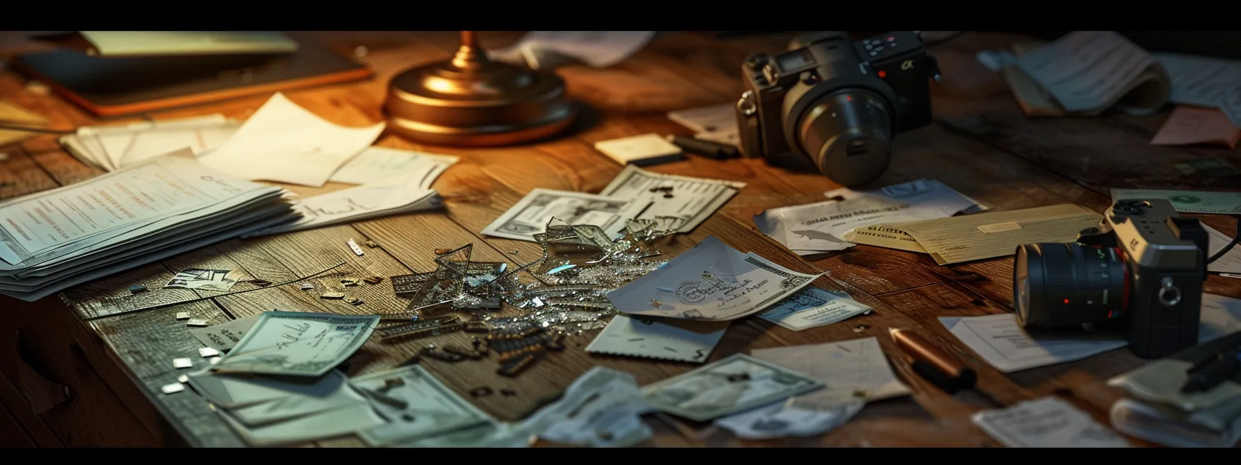 a dramatic close-up of a shattered cheque lying on a polished wooden desk, surrounded by scattered, unopened envelopes and a vigilant detective's notepad, illuminated by a focused desk lamp, conveying urgency and the aftermath of a fraudulent act.