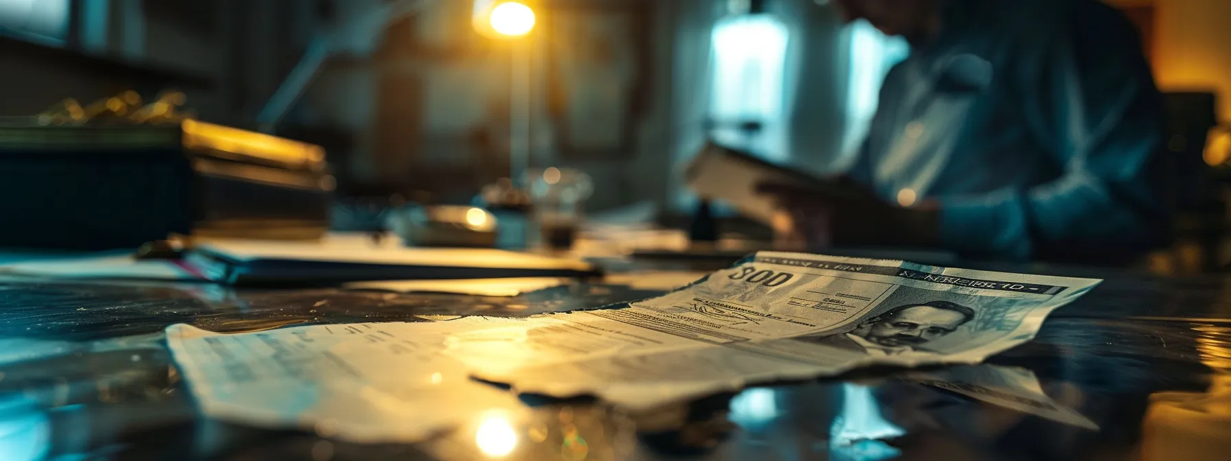 a dramatic close-up of a torn business cheque on a polished desk, illuminated by soft overhead lighting, with a blurred bank representative in the background making a phone call, symbolizing swift action and urgency in response to theft.