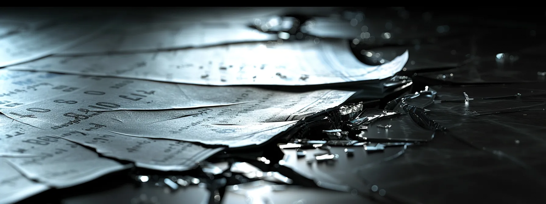 a dramatic close-up captures a shattered blank cheque on a polished surface, symbolizing the stark risks and financial losses investors face in failed ventures, illuminated by harsh overhead lighting that accentuates the damaged paper's intricate details.