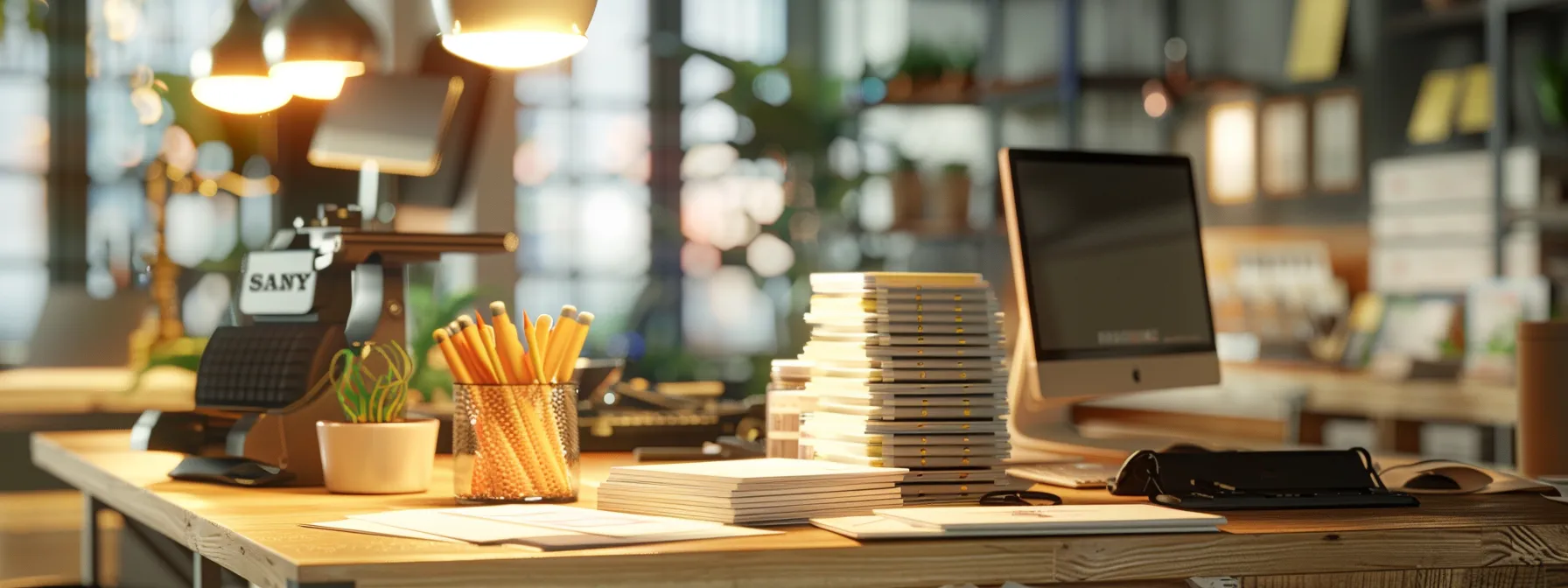 a dynamic office setting featuring a well-organized cheque inventory system, showcasing neatly stacked business and personal cheques under warm, inviting lighting that highlights efficiency and professionalism.