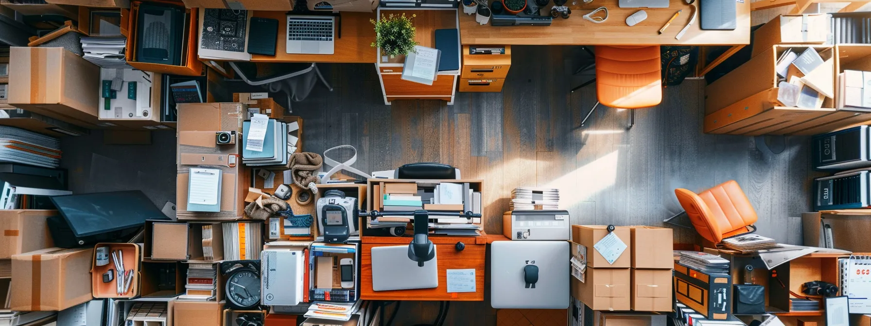 a dynamic overhead shot captures a vibrant, organized workspace filled with neatly stacked bulk cheque orders, highlighting the potential for significant savings and efficiency in business operations under soft, natural lighting.