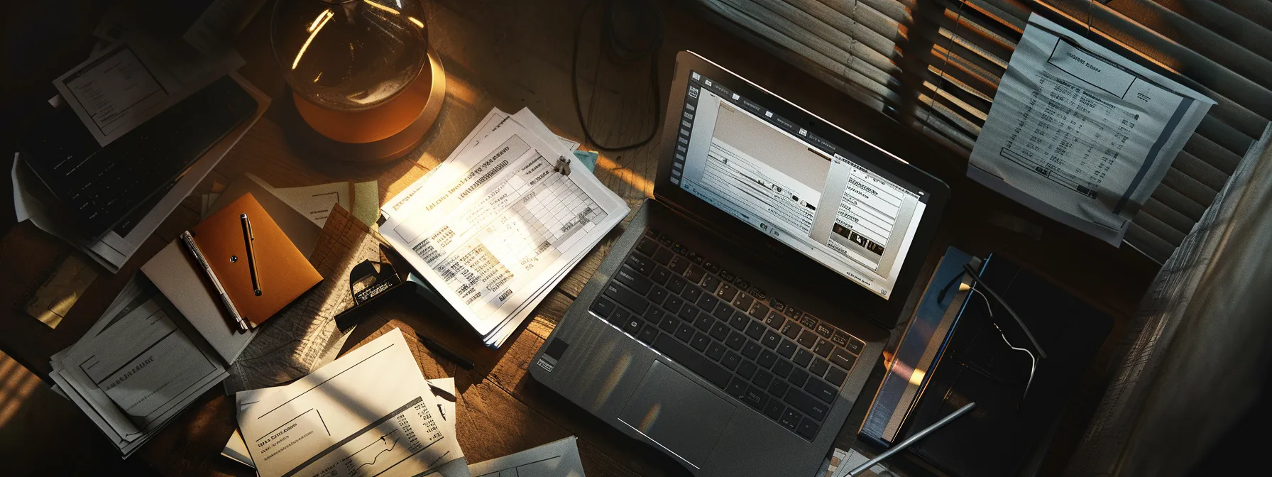 a dynamic overhead view of a busy office workspace featuring a laptop displaying an online cheque ordering platform, surrounded by organized paperwork and financial documents, illuminated by soft, natural light streaming through a nearby window, symbolizing efficiency and modernity in business operations.