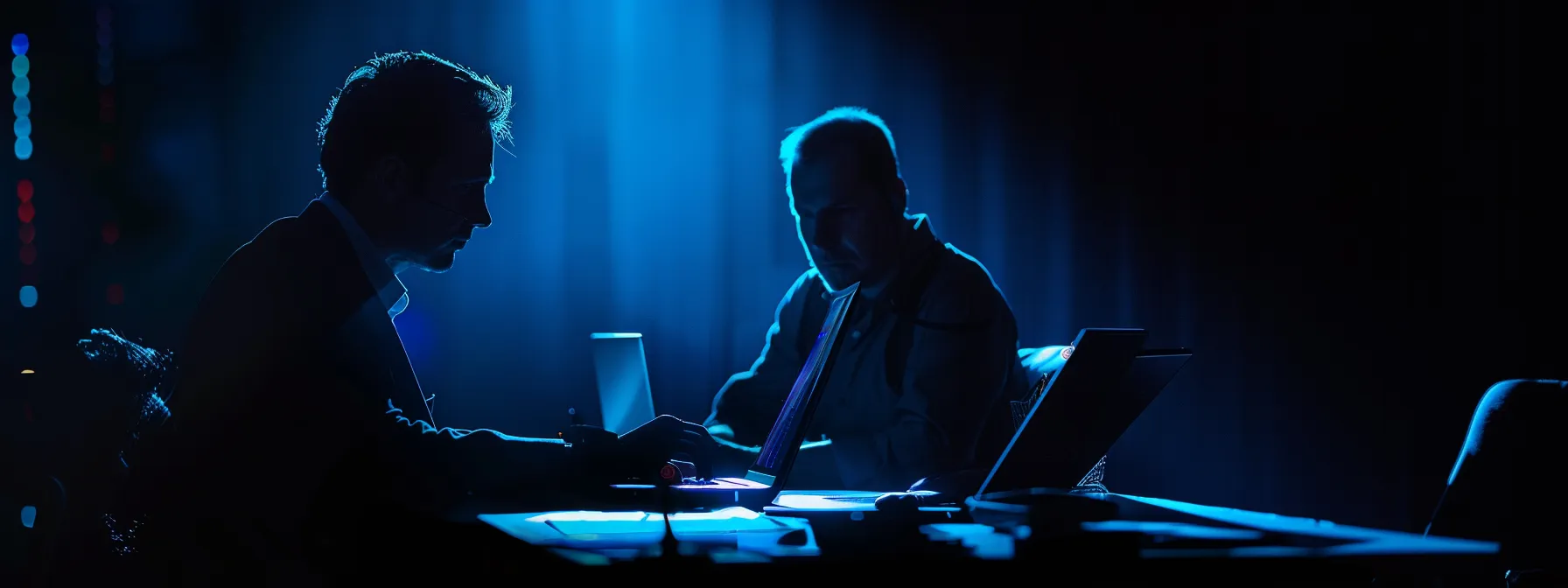 a dynamic scene depicting small business owners confidently processing secure online cheque orders on sleek laptops, illuminated by soft, focused lighting that emphasizes their expressions of satisfaction and efficiency.