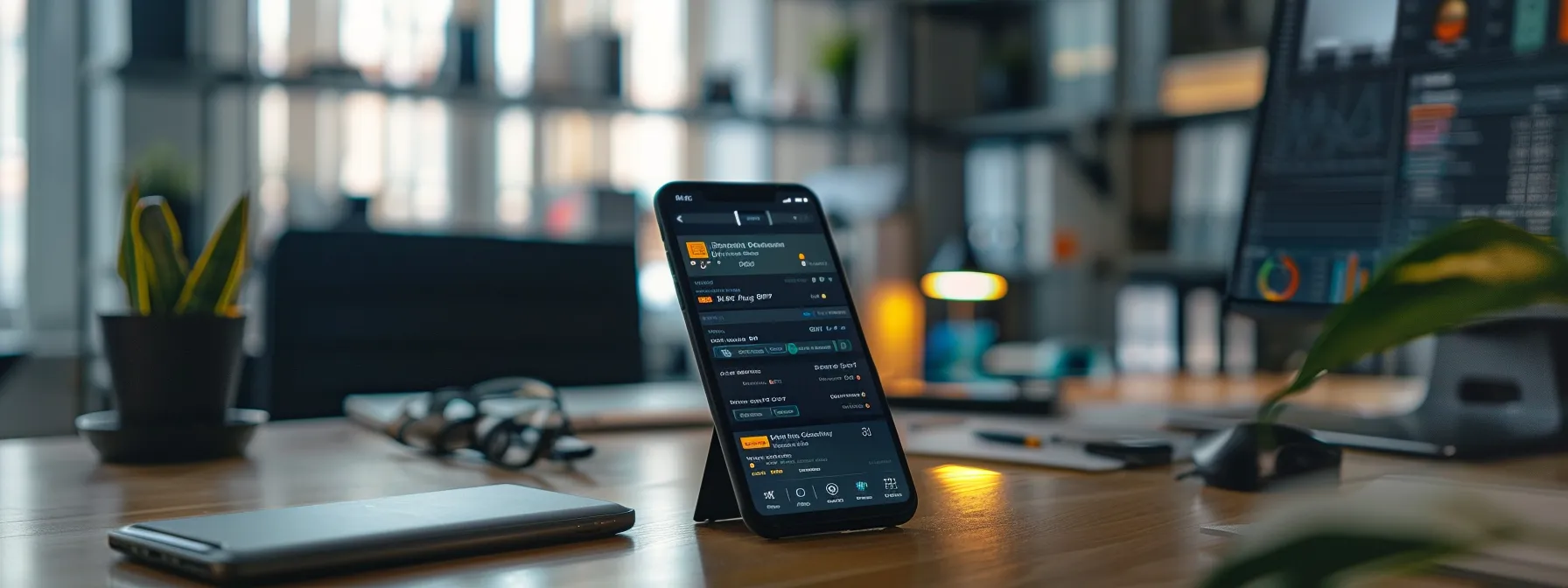 a dynamic smartphone screen displaying a sleek mobile app interface that showcases real-time tracking of vibrant business and personal cheques against a backdrop of professional office decor, illuminating the advantages of secure financial management.