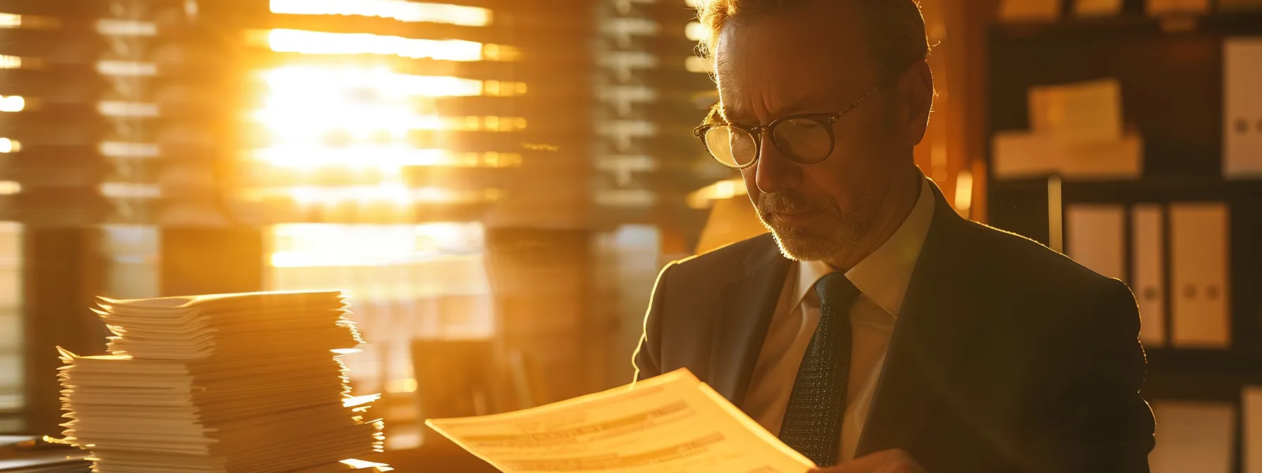 a focused attorney reviews a stack of business and personal cheques in a warmly lit office, symbolizing the complexities of cheque disputes and the importance of legal guidance.