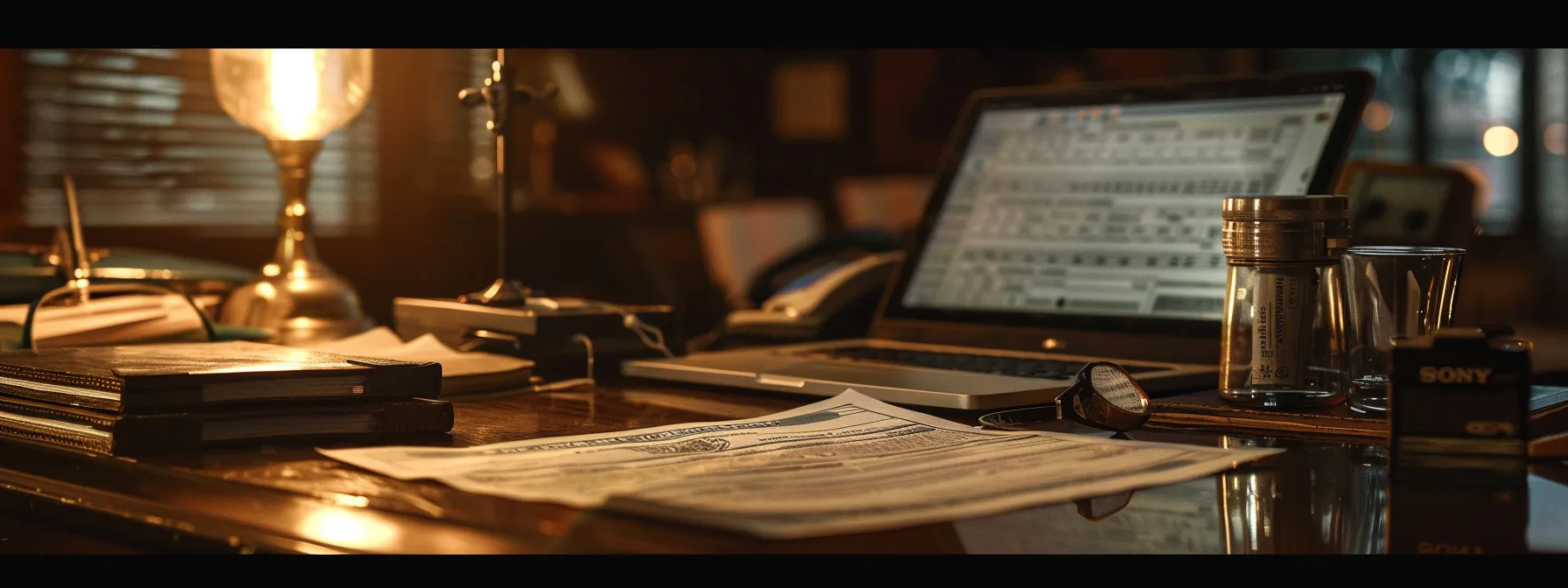 a focused close-up of a sophisticated office desk featuring a gleaming cheque book alongside a sleek laptop, illuminated by soft, natural light, emphasizing the importance of tracking cheque orders for seamless business operations.