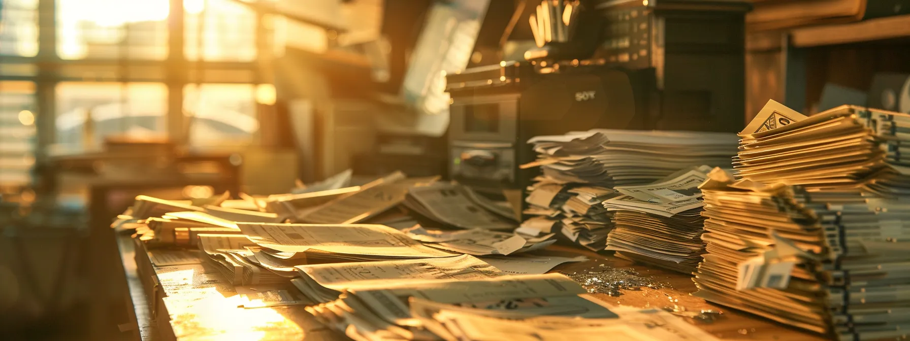 a focused close-up of a professional workspace featuring neatly organized cheques alongside a secure shredding machine, vividly illustrating the importance of safe cheque handling and destruction practices under warm, natural lighting.