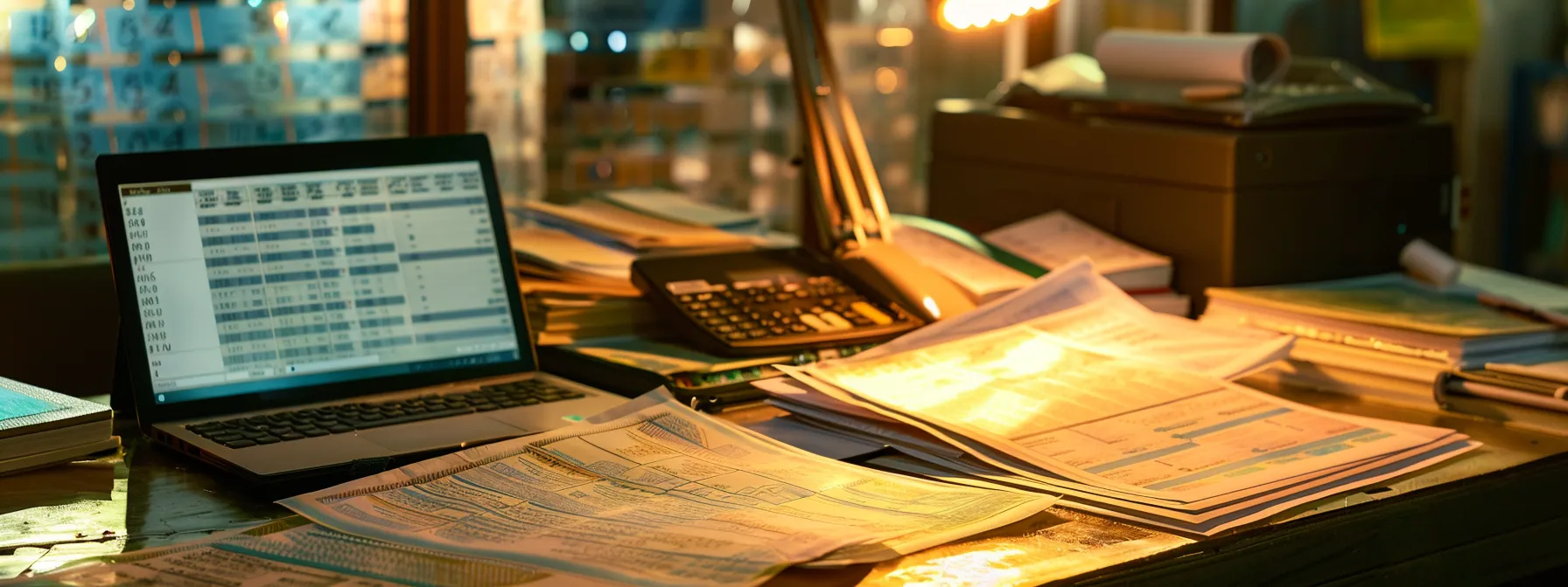 a focused close-up of a neatly organized desk featuring an array of vibrant personal and business cheques, alongside an open ledger and a laptop displaying a bank's protocol document, illuminated by soft natural light to emphasize the meticulous process of correcting printing errors.