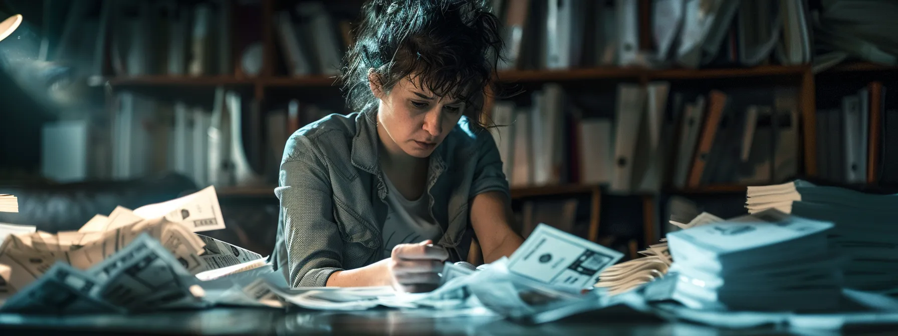a focused close-up of a distressed individual examining a series of crumpled cheques amidst an array of financial documents, illuminated by soft, dramatic lighting that highlights the tension of potential loss and recovery.