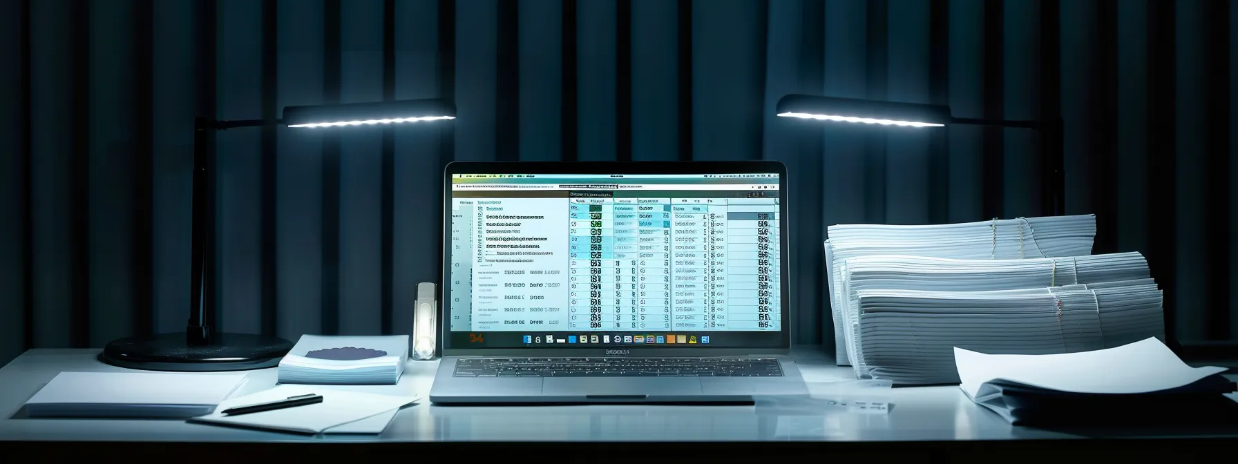 a focused composition highlights a laptop screen displaying aggregated customer review ratings alongside a stack of business and personal cheques, illuminated by soft, professional lighting to emphasize clarity and authenticity in financial decision-making.