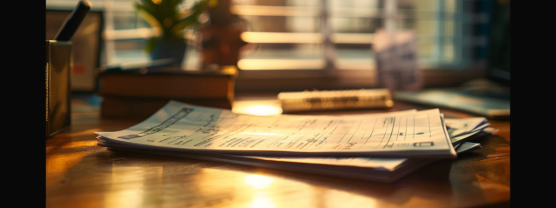 a focused composition of neatly stacked business and personal cheques on a polished wooden desk, illuminated by soft, warm lighting to emphasize their crisp design and organization within a professional setting.