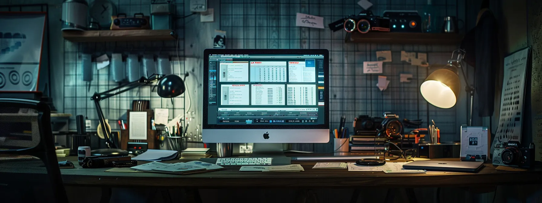 a focused, high-contrast image of a modern desk cluttered with various business and personal cheques, illuminated by soft natural light, highlighting a laptop screen displaying a tracking dashboard with error notifications.